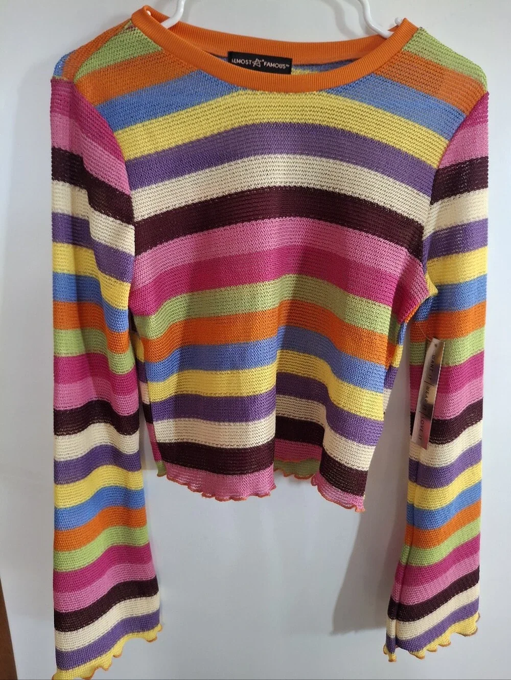 Almost Famous Multicolor Striped Knit Long-Sleeve Top - Pink/Orange/Yellow